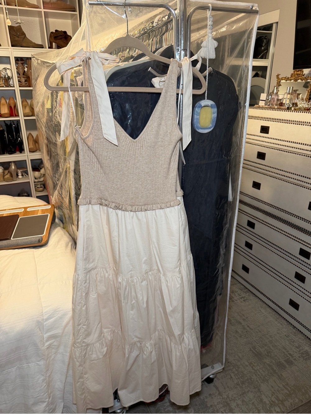 Tie-Shoulder Two-Tone Maxi Dress in Beige and Cream